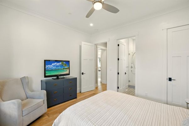 Bathroom, Bedroom, Glass Shower, Interior, Recessed Lighting, Wood Texture Flooring