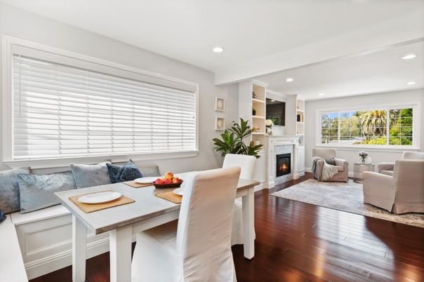 Dining room, Fireplace, Interior, Living room, Recessed Lighting, Wood Texture Flooring