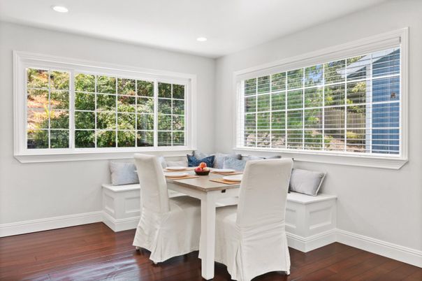 Dining room, Interior, Recessed Lighting, Wood Texture Flooring