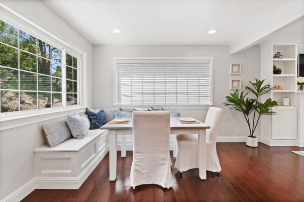 Dining room, Interior, Recessed Lighting, Wood Texture Flooring