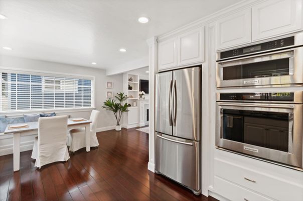 Dining room, Interior, Kitchen, Recessed Lighting, Stainless Steel Appliances, Wood Texture Flooring