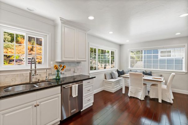 Dining room, Interior, Kitchen, Recessed Lighting, Wood Texture Flooring