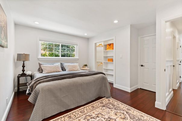 Bedroom, Interior, Recessed Lighting, Wood Texture Flooring