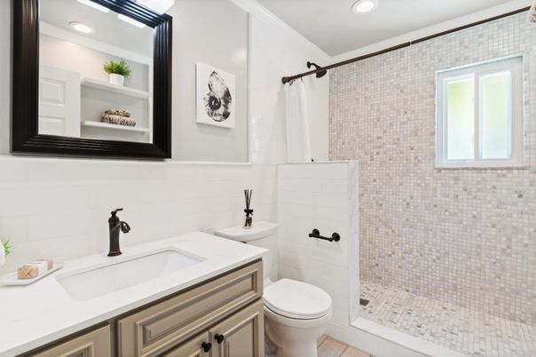 Bathroom, Interior, Recessed Lighting, Wood Texture Flooring