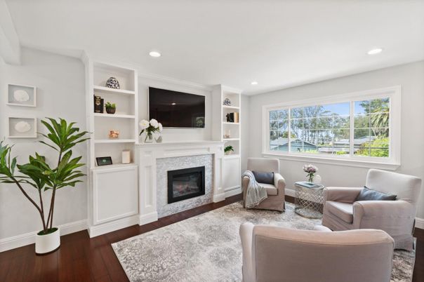 Fireplace, Interior, Living room, Recessed Lighting, Wood Texture Flooring