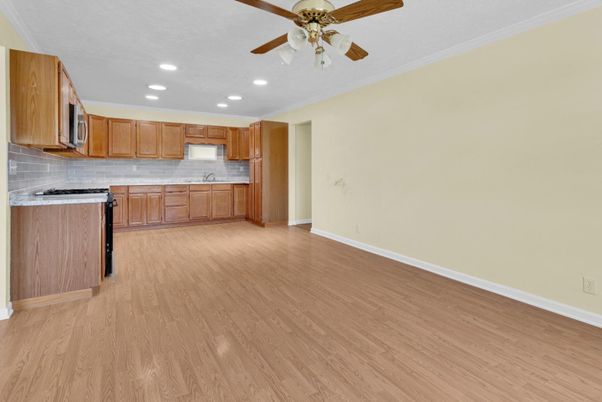 Empty room, Interior, Kitchen, Recessed Lighting, Wood Texture Flooring