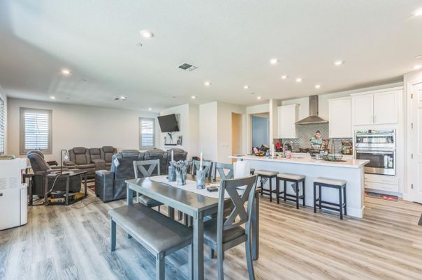 Dining room, Interior, Kitchen, Living room, Recessed Lighting, Wood Texture Flooring