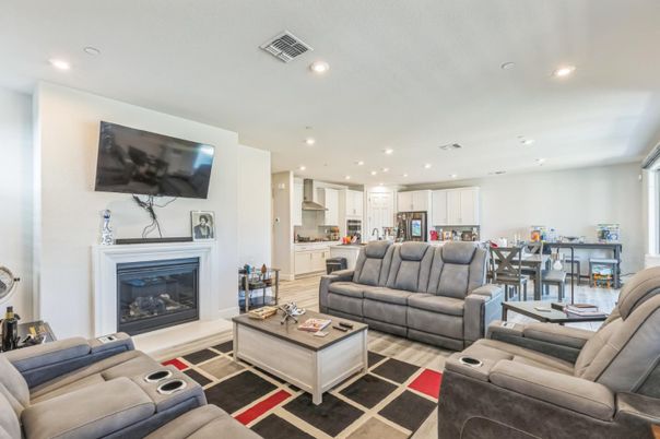 Dining room, Fireplace, Interior, Kitchen, Living room, Recessed Lighting