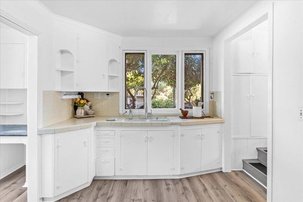 Interior, Kitchen, Tile Countertops, Wood Texture Flooring