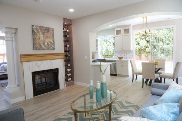 Dining room, Fireplace, Interior, Kitchen, Living room, Pendant Lights, Recessed Lighting, Wood Texture Flooring