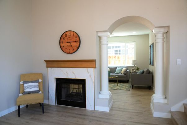 Fireplace, Interior, Recessed Lighting, Wood Texture Flooring