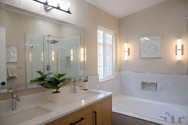 Bathroom, Dual Sink Vanities, Glass Shower, Interior, Marble Walls