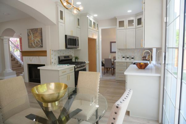 Dining room, Fireplace, Interior, Kitchen, Pendant Lights, Recessed Lighting, Wood Texture Flooring