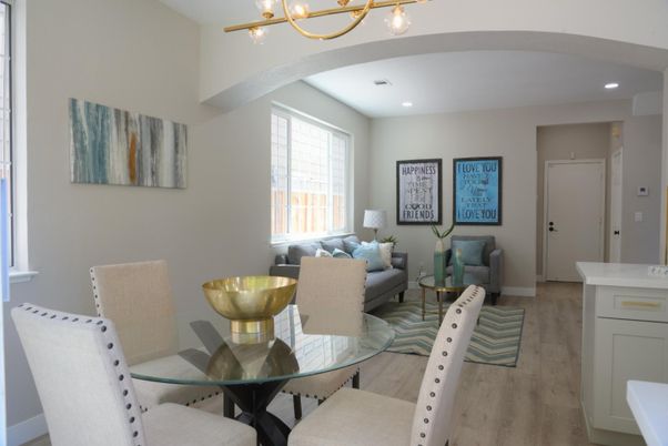 Dining room, Interior, Living room, Recessed Lighting, Wood Texture Flooring