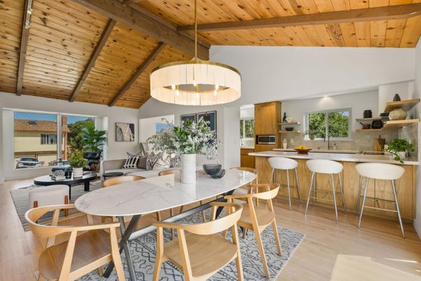 Dining room, Interior, Kitchen, Pendant Lights, Stainless Steel Appliances, Wooden Beams, Wooden Ceilings, Wood Texture Flooring