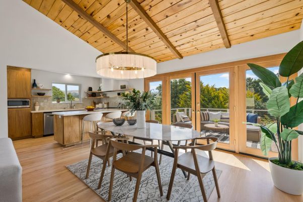 Dining room, Interior, Kitchen, Pendant Lights, Stainless Steel Appliances, Wooden Ceilings, Wood Texture Flooring
