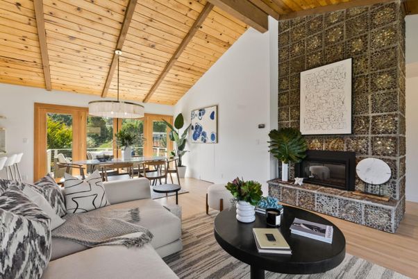 Dining room, Fireplace, Interior, Living room, Pendant Lights, Wooden Beams, Wooden Ceilings, Wood Texture Flooring