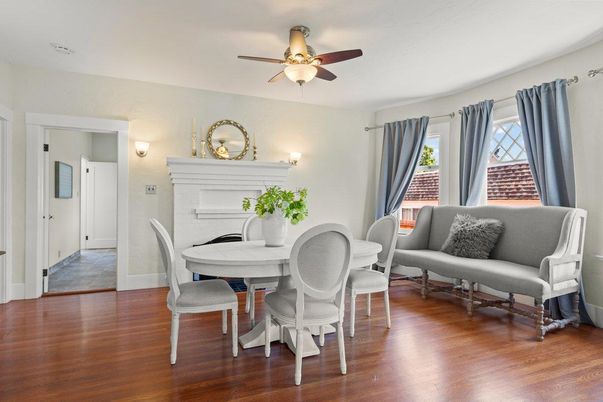 Dining room, Fireplace, Interior, Wood Texture Flooring