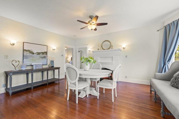 Dining room, Fireplace, Interior, Wood Texture Flooring