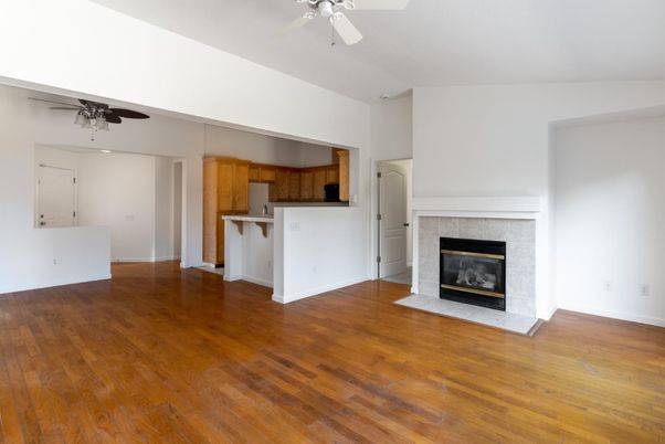 Empty room, Fireplace, Interior, Kitchen, Wood Texture Flooring