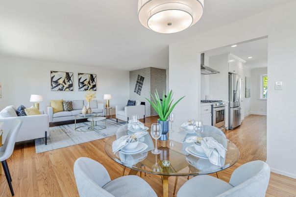 Dining room, Interior, Kitchen, Living room, Recessed Lighting, Stainless Steel Appliances, Wood Texture Flooring
