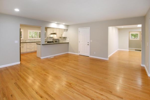 Empty room, Interior, Kitchen, Recessed Lighting, Wood Texture Flooring