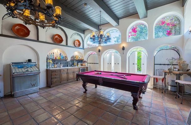 Billiard Table, Chandelier, Game Room, Interior, Wooden Beams