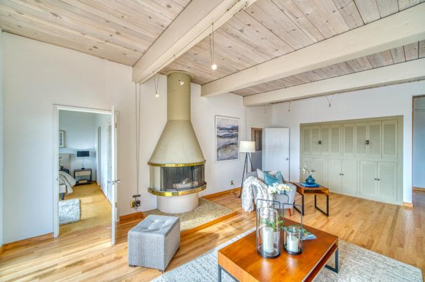 Bedroom, Fireplace, Interior, Living room, Wooden Ceilings, Wood Texture Flooring