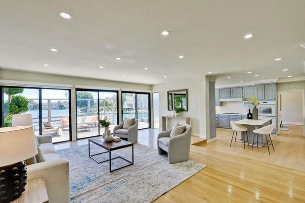 Dining room, Interior, Kitchen, Living room, Recessed Lighting, Water, Wood Texture Flooring
