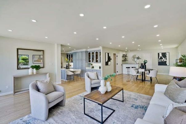 Dining room, Interior, Living room, Recessed Lighting, Wood Texture Flooring