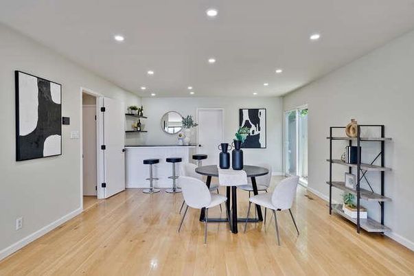 Dining room, Interior, Recessed Lighting, Wood Texture Flooring
