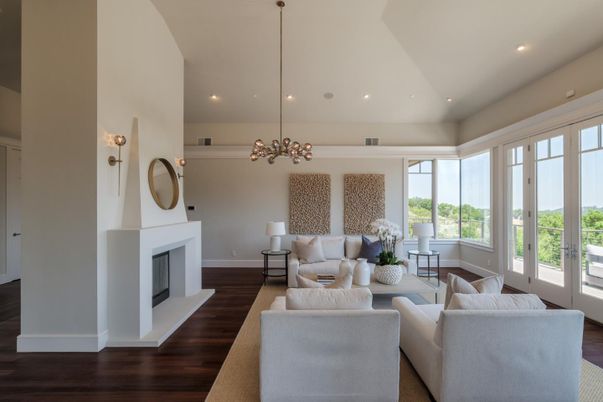 Fireplace, Interior, Living room, Pendant Lights, Recessed Lighting, Wood Texture Flooring