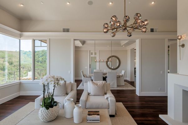 Dining room, Fireplace, Interior, Living room, Pendant Lights, Recessed Lighting, Wood Texture Flooring