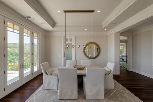 Dining room, Interior, Pendant Lights, Recessed Lighting, Wood Texture Flooring