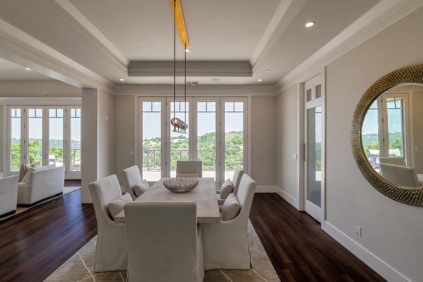 Dining room, Interior, Pendant Lights, Recessed Lighting, Wood Texture Flooring