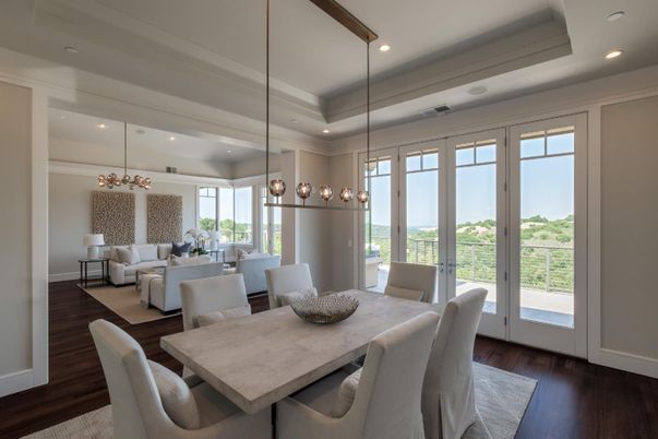 Chandelier, Dining room, Interior, Living room, Pendant Lights, Recessed Lighting, Wood Texture Flooring