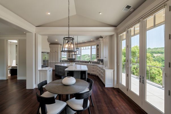 Dining room, Interior, Kitchen, Pendant Lights, Recessed Lighting, Wood Texture Flooring