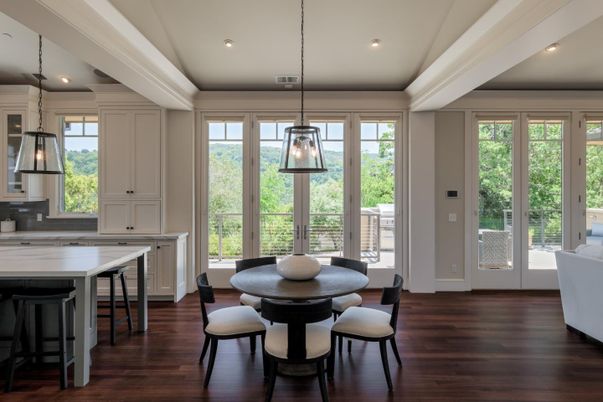Dining room, Interior, Kitchen, Pendant Lights, Recessed Lighting, Wood Texture Flooring