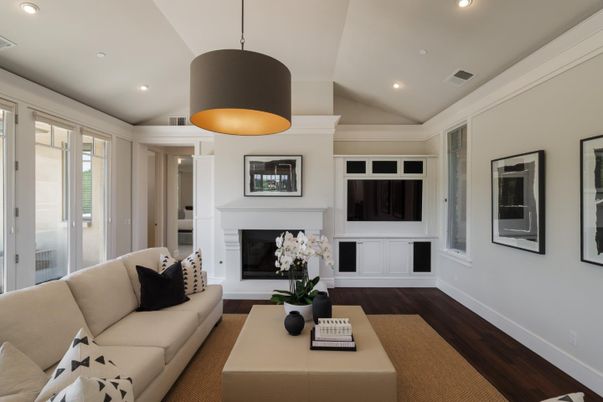 Fireplace, Interior, Living room, Pendant Lights, Recessed Lighting, Wood Texture Flooring