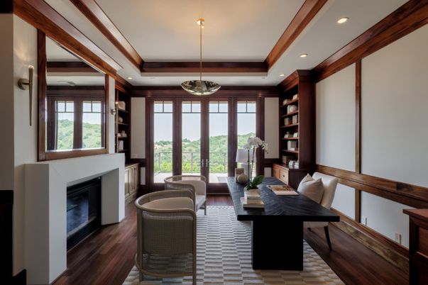 Fireplace, Home Office, Interior, Pendant Lights, Recessed Lighting, Wood Texture Flooring
