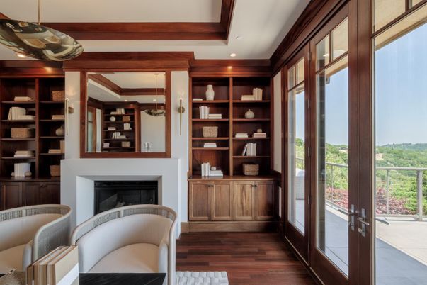 Fireplace, Home Office, Interior, Recessed Lighting, Wood Texture Flooring