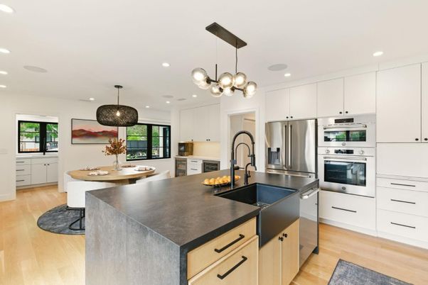 Interior, Kitchen, Pendant Lights, Recessed Lighting, Stainless Steel Appliances, Wood Texture Flooring