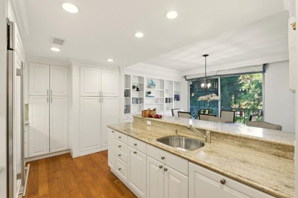 Dining room, Interior, Pendant Lights, Recessed Lighting, Wood Texture Flooring