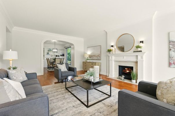 Dining room, Fireplace, Interior, Living room, Pendant Lights, Wood Texture Flooring