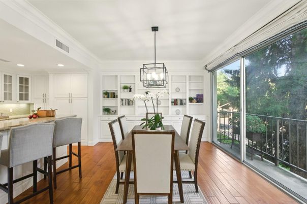 Dining room, Interior, Pendant Lights, Recessed Lighting, Wood Texture Flooring