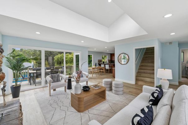 Dining room, Interior, Living room, Recessed Lighting, Wood Texture Flooring