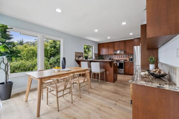 Dining room, Interior, Kitchen, Recessed Lighting, Stainless Steel Appliances, Wood Texture Flooring