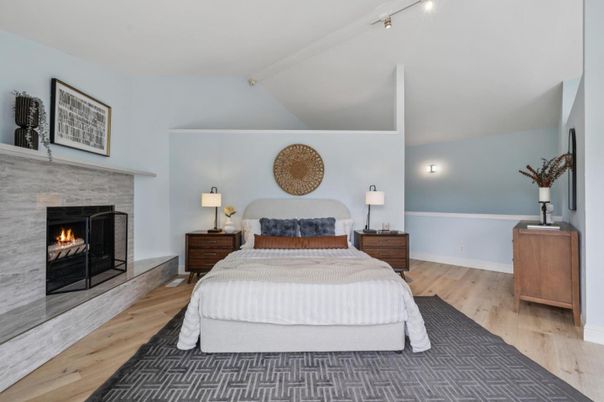 Bedroom, Fireplace, Interior, Wood Texture Flooring