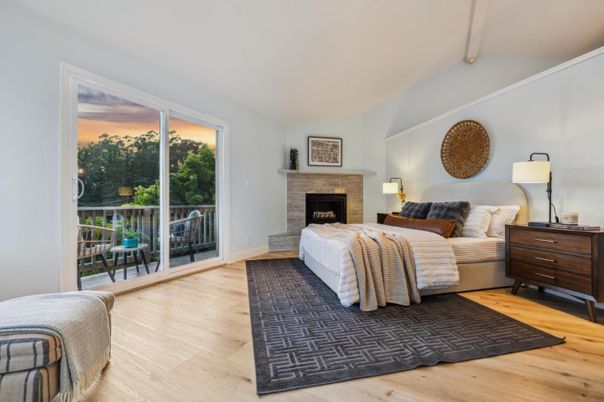 Bedroom, Fireplace, Interior, Wood Texture Flooring