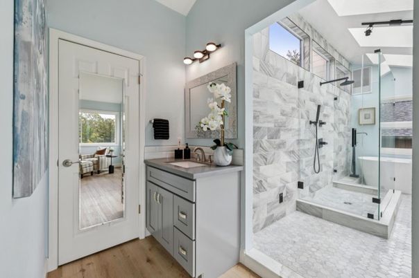 Bathroom, Glass Shower, Interior, Marble Walls, Wood Texture Flooring
